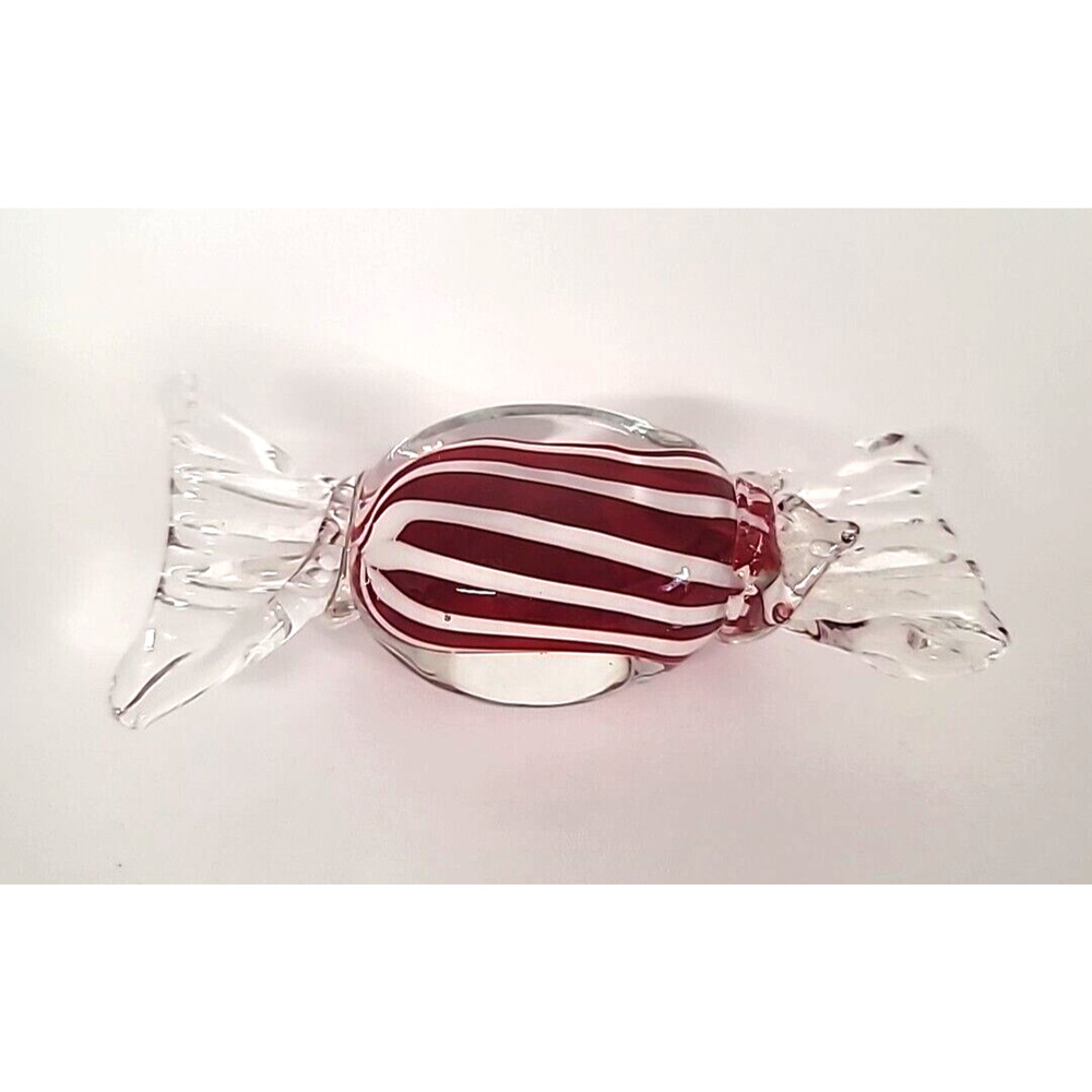 Vintage Art Glass Candy‎ Shaped Paperweight Figurine Clear Red Swirled 4.75"L